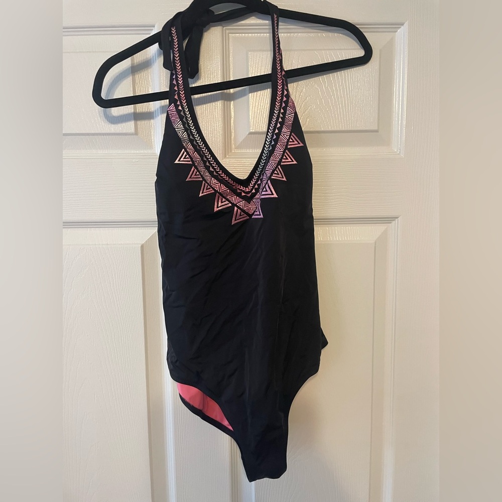 PINK Victoria's Secret Black One Piece Swimsuit with Embroidered Accents